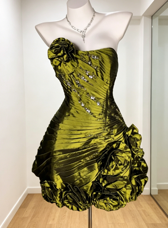 Chic Green Homecoming Dress One-shoulder Satin Birthday Dress Sheath Sleeveless Short Party Dress ED08335