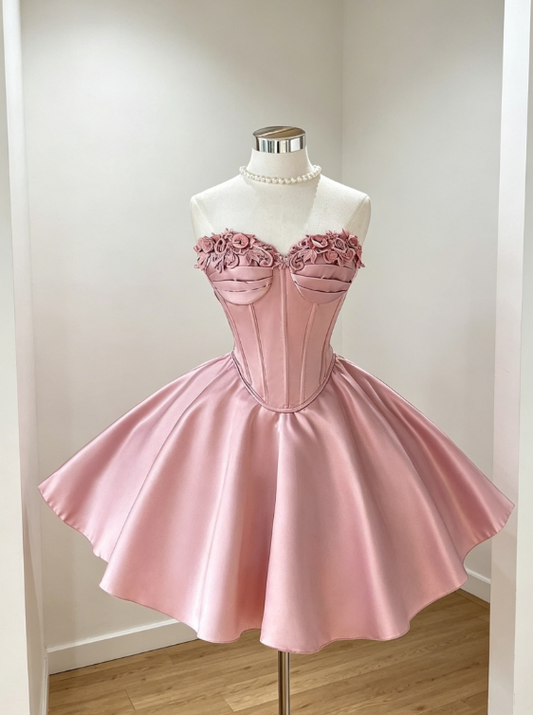 Schickes rosa Homecoming-Kleid Sweetheart Satin Geburtstagskleid A-Linie Abschlussballkleid ED08337
