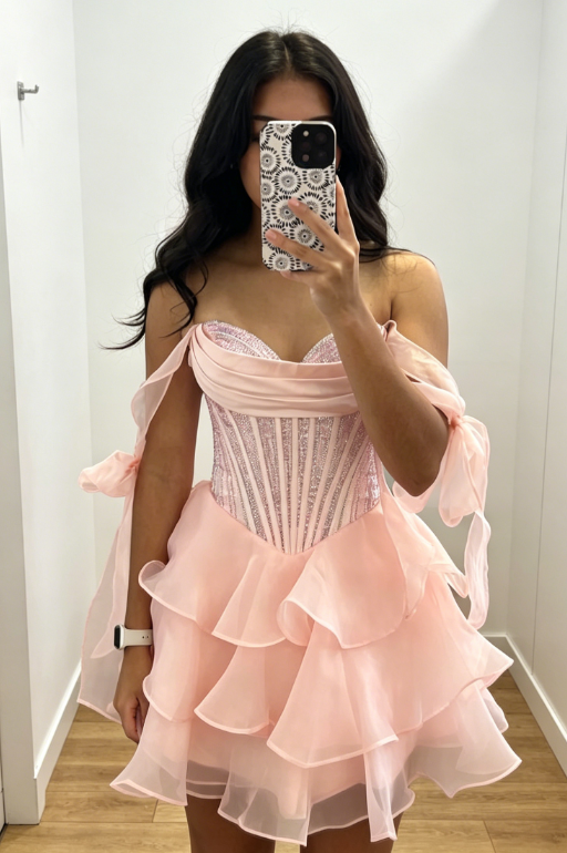 Chic Pink Homecoming Dress Off-shoulder Chiffon Birthday Dress A-Line Graudation Party Dress ED08339