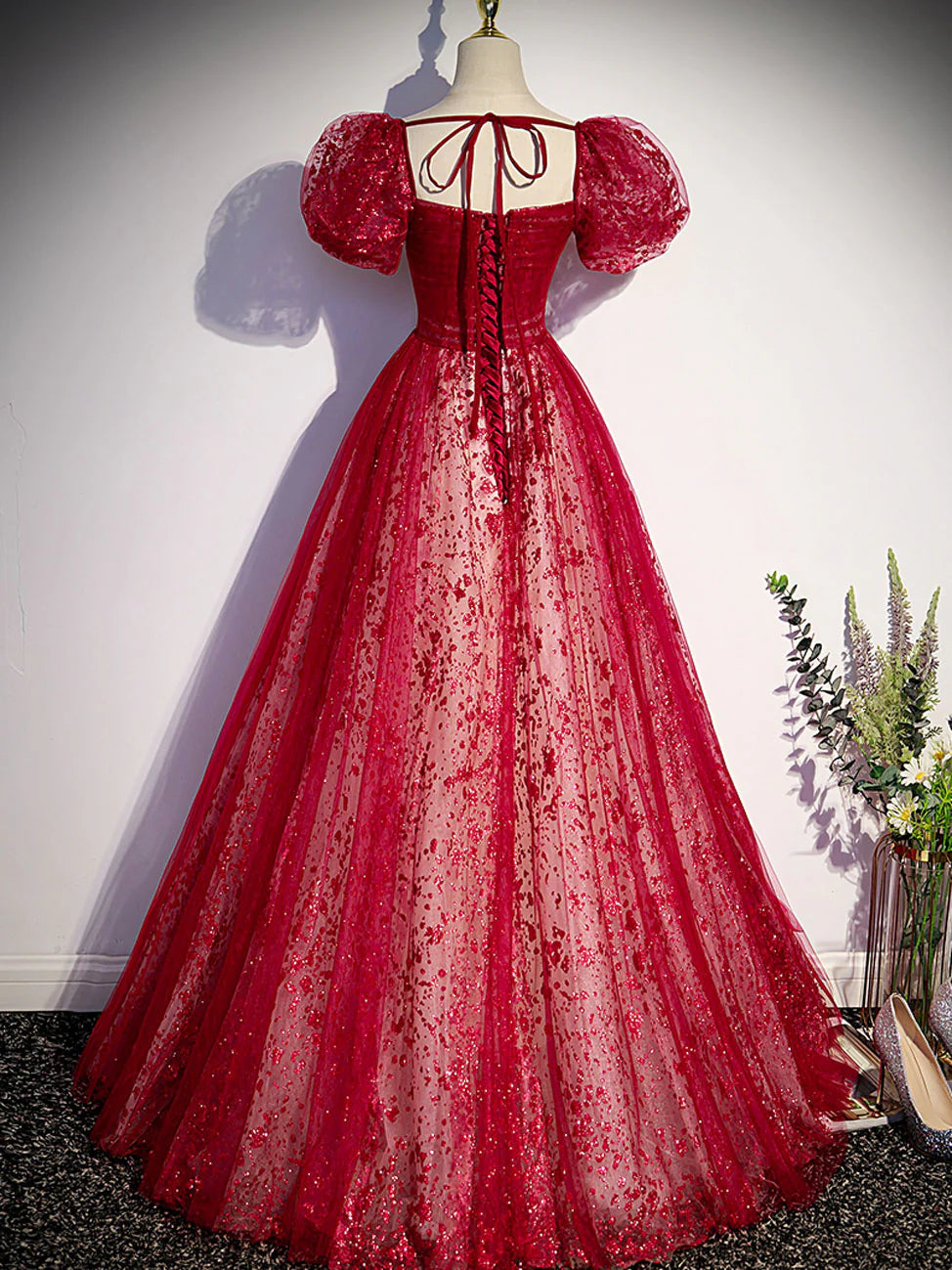 A line burgundy tulle sequin long prom dress, burgundy formal dress ED0834