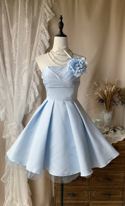 Robe de bal chic bleu sans bretelles en satin pour anniversaire, robe de soirée trapèze ED08342