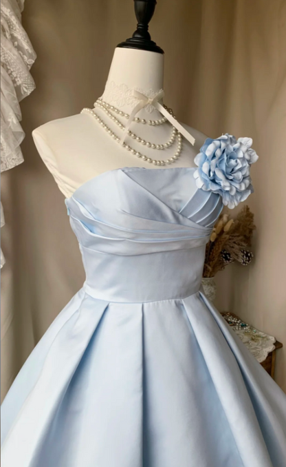 Robe de bal chic bleu sans bretelles en satin pour anniversaire, robe de soirée trapèze ED08342