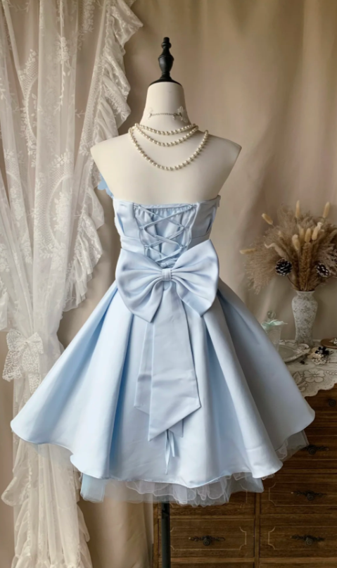 Robe de bal chic bleu sans bretelles en satin pour anniversaire, robe de soirée trapèze ED08342
