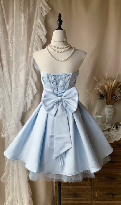 Robe de bal chic bleu sans bretelles en satin pour anniversaire, robe de soirée trapèze ED08342