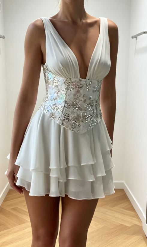 Robe de bal de fin d'année chic blanche en mousseline avec col en V, robe de soirée d'anniversaire fourreau, robe de fête de remise des diplôme ED08349