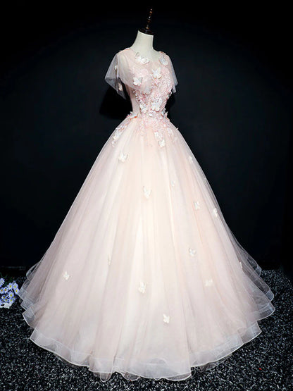Robe de bal longue en tulle et dentelle rose à col rond, robe rose pour le 16e anniversaire ED0835
