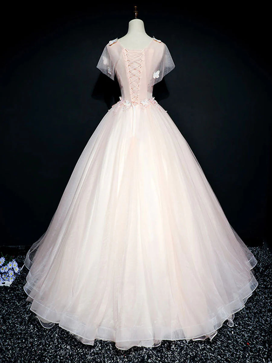 Robe de bal longue en tulle et dentelle rose à col rond, robe rose pour le 16e anniversaire ED0835
