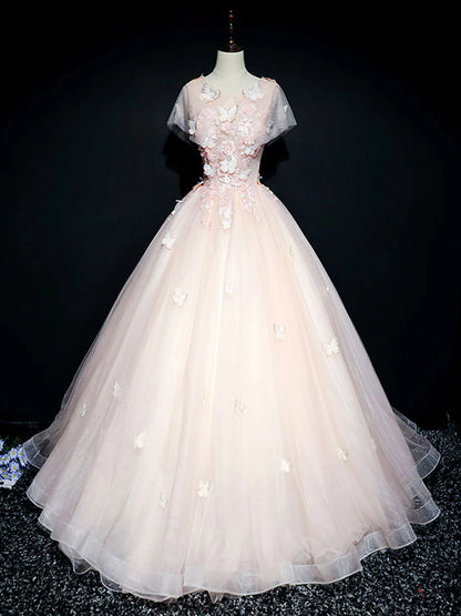 Robe de bal longue en tulle et dentelle rose à col rond, robe rose pour le 16e anniversaire ED0835