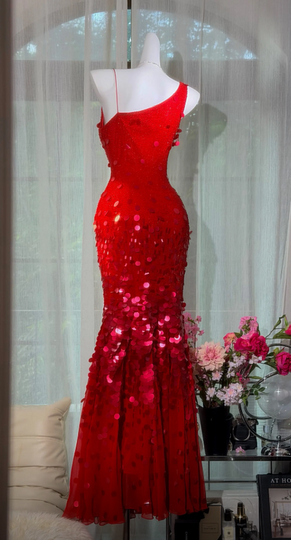 Chic Burgundy Prom Dress One-shoulder Beaded Chiffon Birthday Dress Sheath Long Evening Dress ED08351