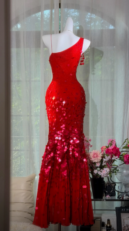 Chic Burgundy Prom Dress One-shoulder Beaded Chiffon Birthday Dress Sheath Long Evening Dress ED08351