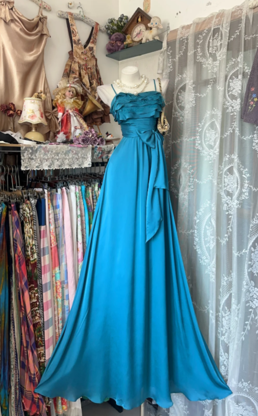 Chic Blue Prom Dress Spaghetti Straps Sheath Satin Long Evening Dress ED08352