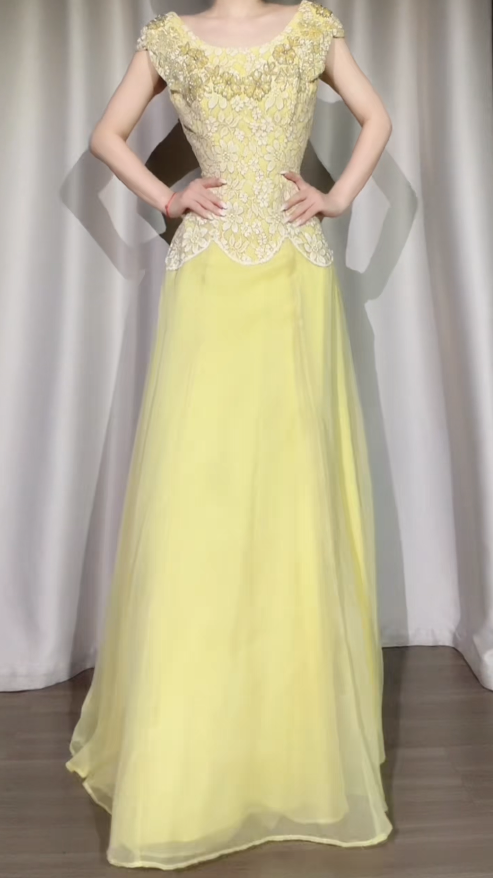 Chic Yellow Prom Dress Lace A-Line Chiffon Long Evening Dress ED08353