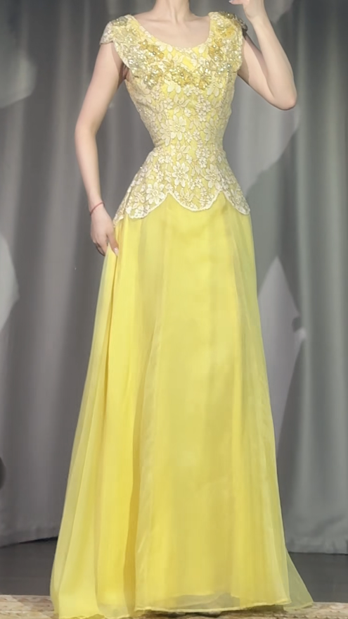 Chic Yellow Prom Dress Lace A-Line Chiffon Long Evening Dress ED08353