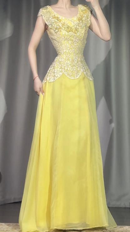 Chic Yellow Prom Dress Lace A-Line Chiffon Long Evening Dress ED08353