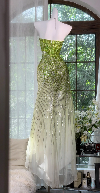 Chic Green Prom Dress Sweetheart Sheath Chiffon Sequins Long Evening Dress ED08355