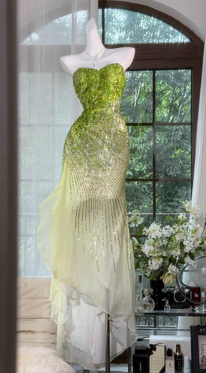 Chic Green Prom Dress Sweetheart Sheath Chiffon Sequins Long Evening Dress ED08355