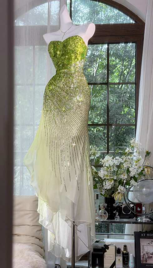 Chic Green Prom Dress Sweetheart Sheath Chiffon Sequins Long Evening Dress ED08355