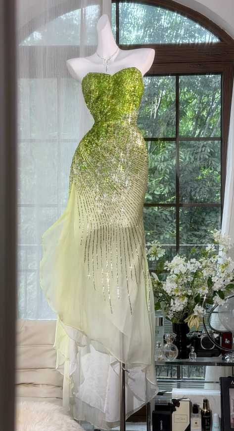 Chic Green Prom Dress Sweetheart Sheath Chiffon Sequins Long Evening Dress ED08355