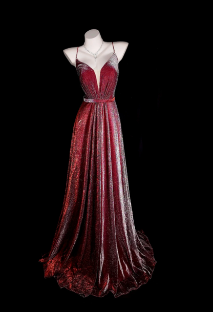 Robe de bal chic bordeaux, bretelles spaghetti, ligne A, velours, longue robe de soirée ED08357