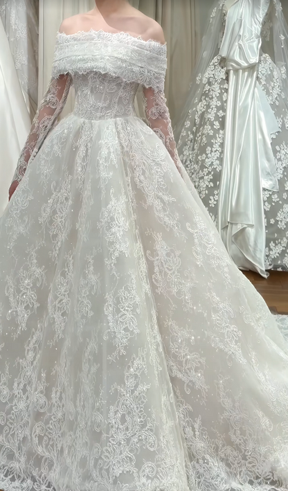 Classy White Wedding Dress Off-shoulder A-Line Bridal Gown Lace Bridal Dress ED08360