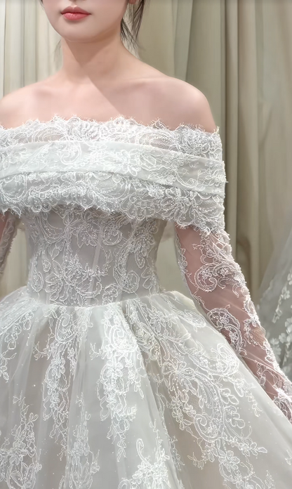 Classy White Wedding Dress Off-shoulder A-Line Bridal Gown Lace Bridal Dress ED08360