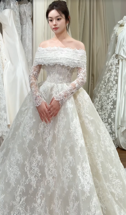 Classy White Wedding Dress Off-shoulder A-Line Bridal Gown Lace Bridal Dress ED08360