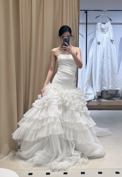 Classy White Wedding Dress Strapless Sheath Bridal Gown Tulle Bridal Dress ED08361