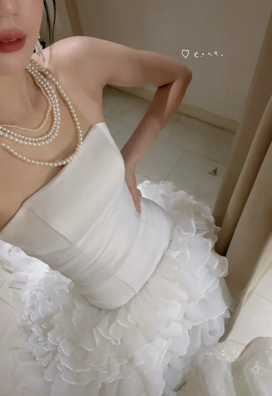Classy White Wedding Dress Strapless Sheath Bridal Gown Tulle Bridal Dress ED08361