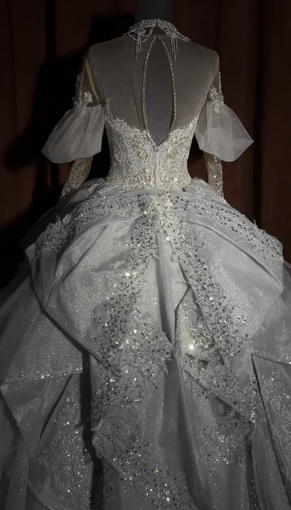Classy White Wedding Dress Off-shoulder A-Line Bridal Gown Lace Tulle Bridal Dress ED08362