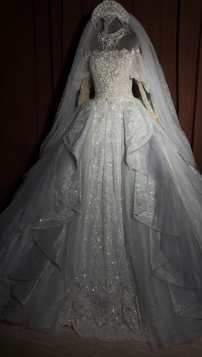 Classy White Wedding Dress Off-shoulder A-Line Bridal Gown Lace Tulle Bridal Dress ED08362
