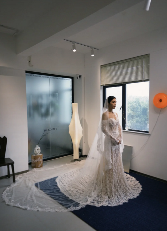Classy White Wedding Dress Off-shoulder Sheath Bridal Gown Applique Lace Bridal Dress ED08363