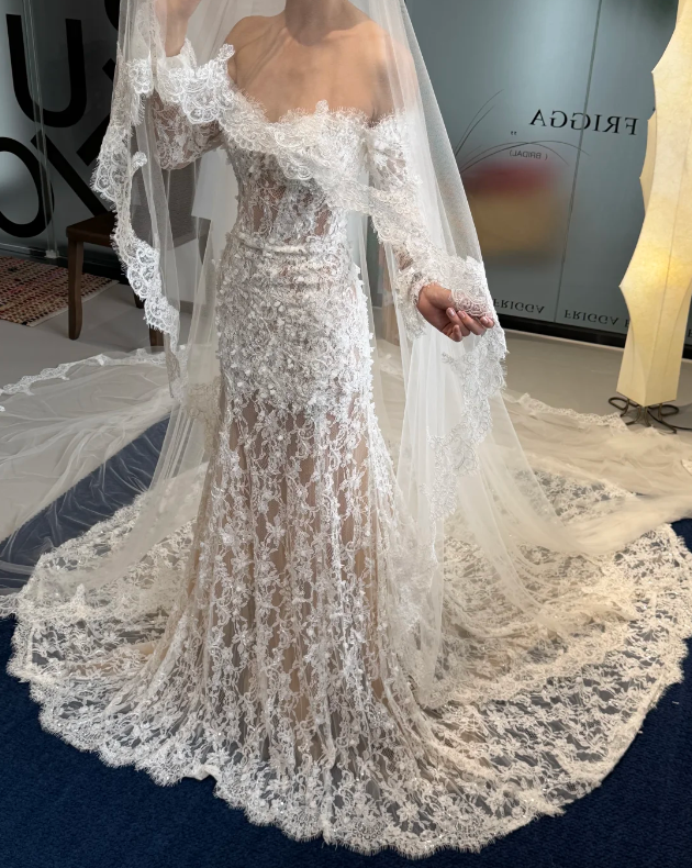 Classy White Wedding Dress Off-shoulder Sheath Bridal Gown Applique Lace Bridal Dress ED08363
