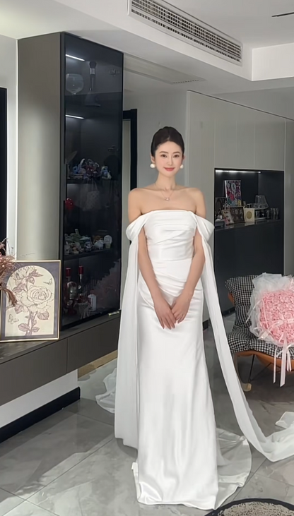 Classy White Wedding Dress Off-shoulder Sheath Bridal Gown Satin Bridal Dress ED08364