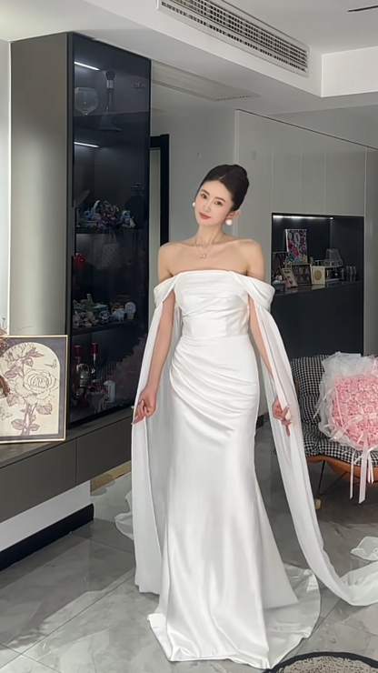 Classy White Wedding Dress Off-shoulder Sheath Bridal Gown Satin Bridal Dress ED08364