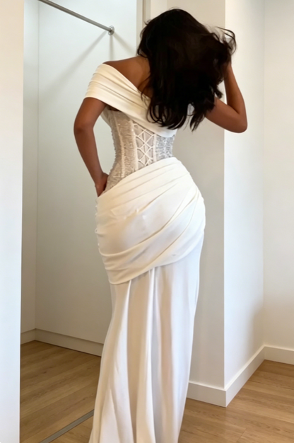 Classy White Wedding Dress One-shoulder Sheath Bridal Gown Chiffon Bridal Dress ED08365