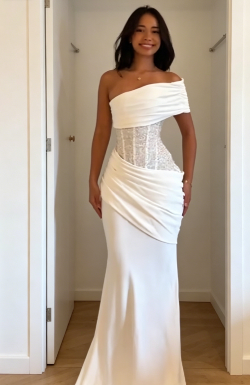 Classy White Wedding Dress One-shoulder Sheath Bridal Gown Chiffon Bridal Dress ED08365