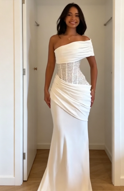 Classy White Wedding Dress One-shoulder Sheath Bridal Gown Chiffon Bridal Dress ED08365