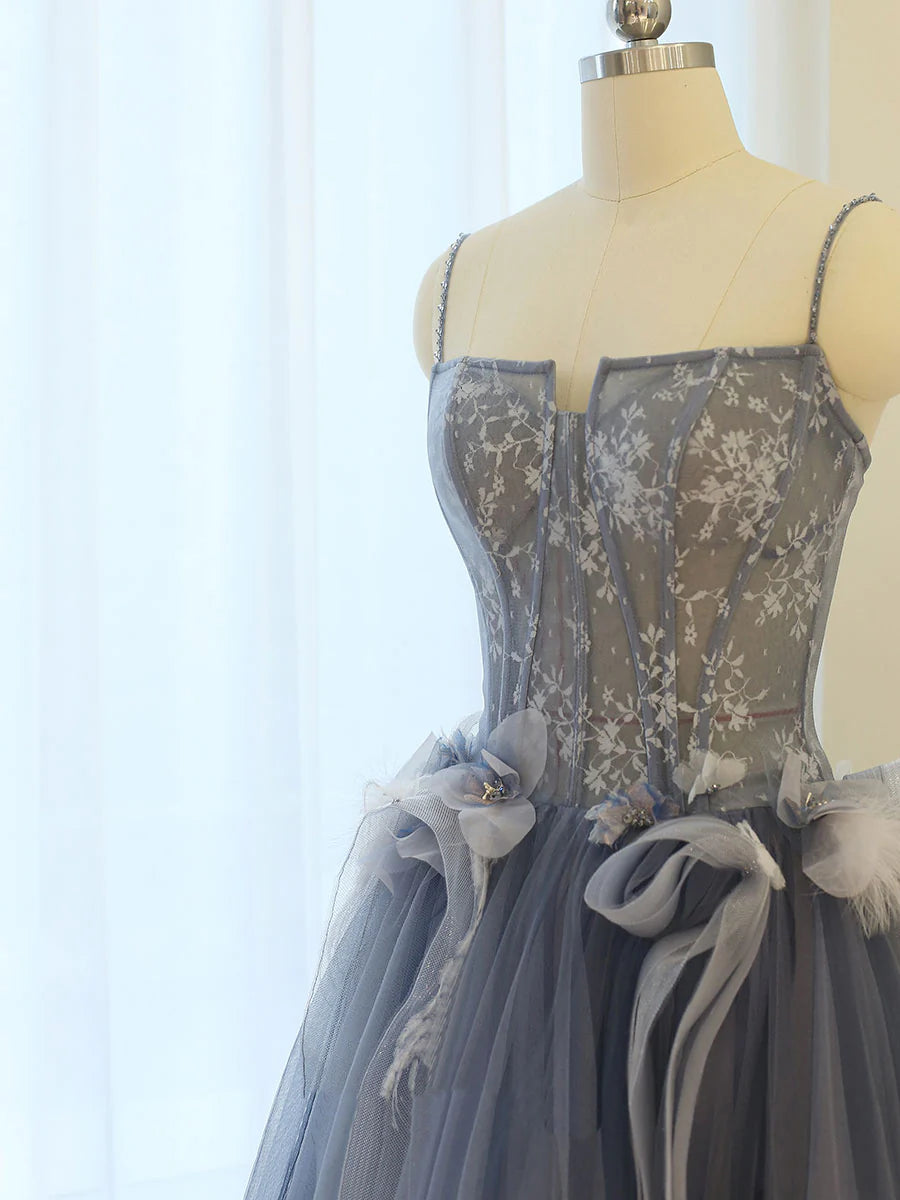 Gray Blue A line lace tulle long prom dress, gray formal evening dress ED0837