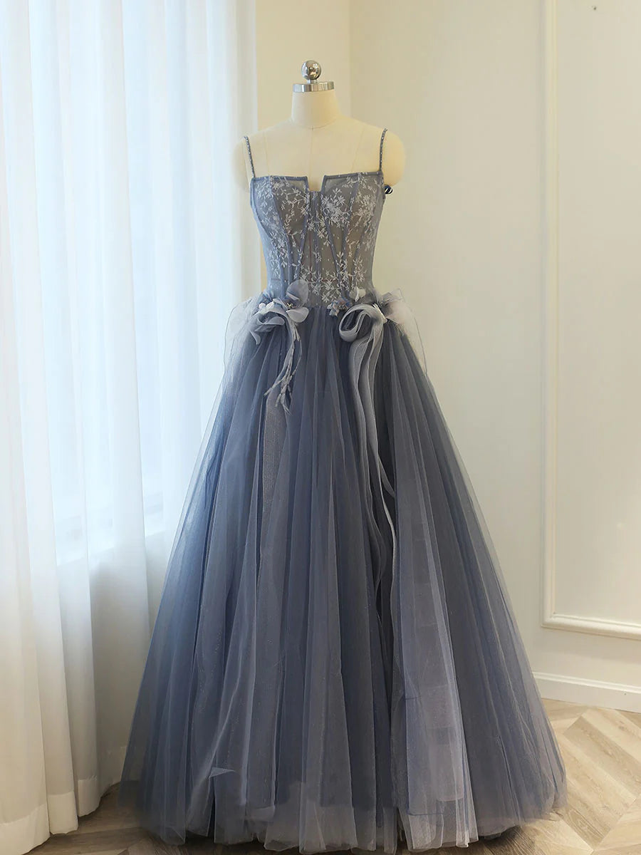 Gray Blue A line lace tulle long prom dress, gray formal evening dress ED0837