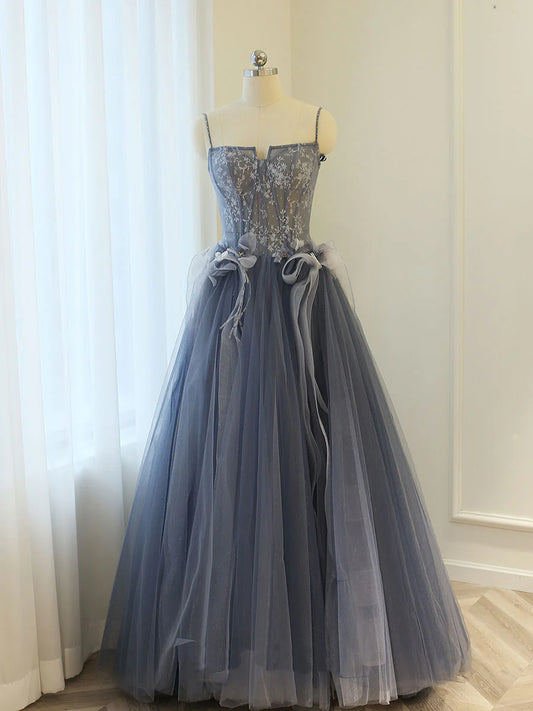 Gray Blue A line lace tulle long prom dress, gray formal evening dress ED0837