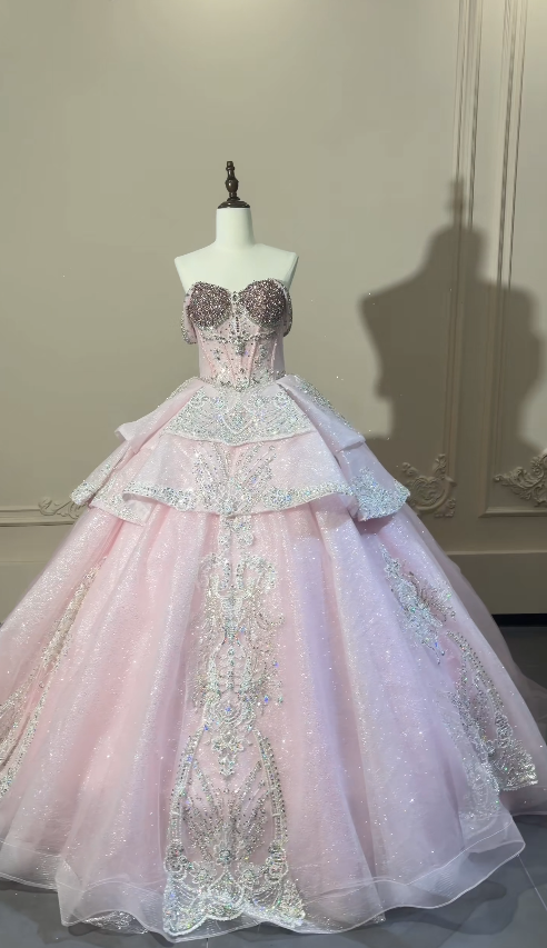 Gorgeous Off-shoulder Ball Gown Quinceanera Dress Tulle Beaded Pink Sweet 16 Dress ED08372
