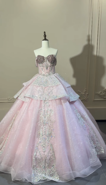 Gorgeous Off-shoulder Ball Gown Quinceanera Dress Tulle Beaded Pink Sweet 16 Dress ED08372