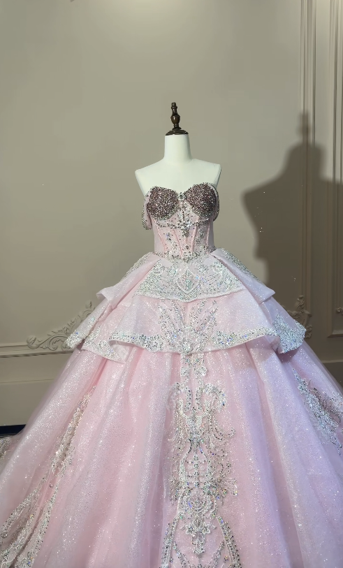 Gorgeous Off-shoulder Ball Gown Quinceanera Dress Tulle Beaded Pink Sweet 16 Dress ED08372