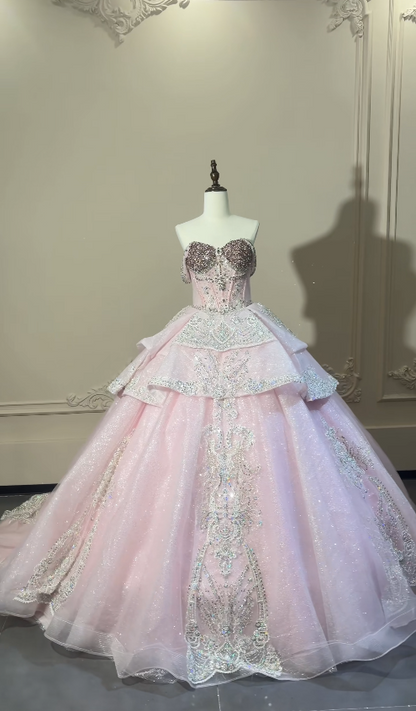 Gorgeous Off-shoulder Ball Gown Quinceanera Dress Tulle Beaded Pink Sweet 16 Dress ED08372