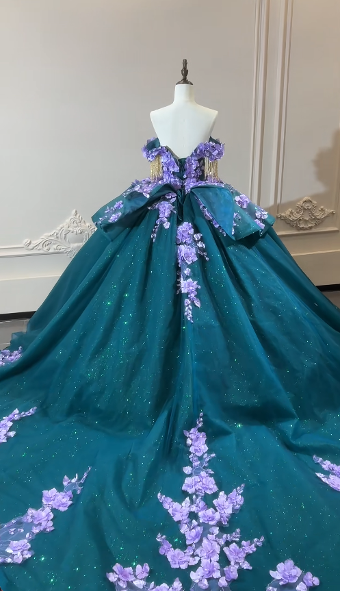 Gorgeous Off-shoulder Ball Gown Quinceanera Dress Tulle Applique Teal Sweet 16 Dress ED08371
