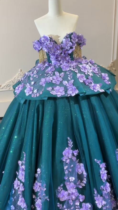Gorgeous Off-shoulder Ball Gown Quinceanera Dress Tulle Applique Teal Sweet 16 Dress ED08371