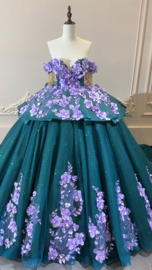 Wunderschönes schulterfreies Ballkleid Quinceanera Kleid Tüll Applikation Petrol Sweet 16 Kleid ED08371