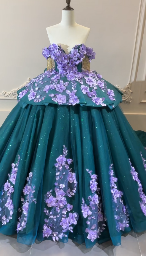 Wunderschönes schulterfreies Ballkleid Quinceanera Kleid Tüll Applikation Petrol Sweet 16 Kleid ED08371