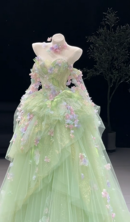 Magnifique robe de bal Quinceanera épaules dénudées en tulle appliqué vert pour Sweet 16 ED08377