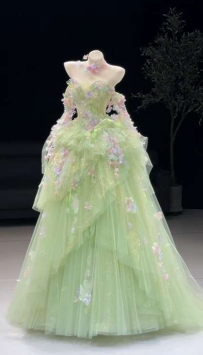 Magnifique robe de bal Quinceanera épaules dénudées en tulle appliqué vert pour Sweet 16 ED08377